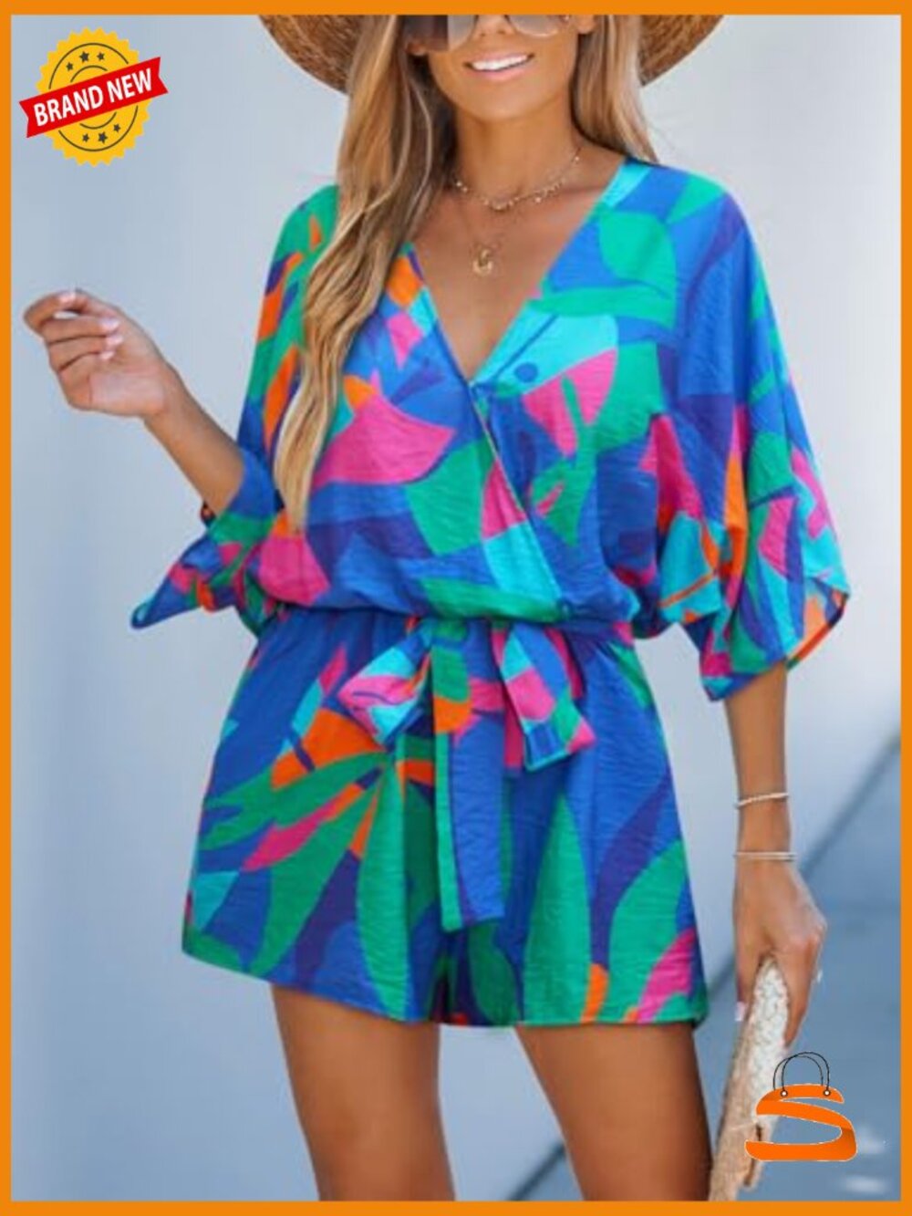 Boho Floral Romper Short Sleeve V Neck Tie Waist Summer Jumpsuit - Picture 4 of 6